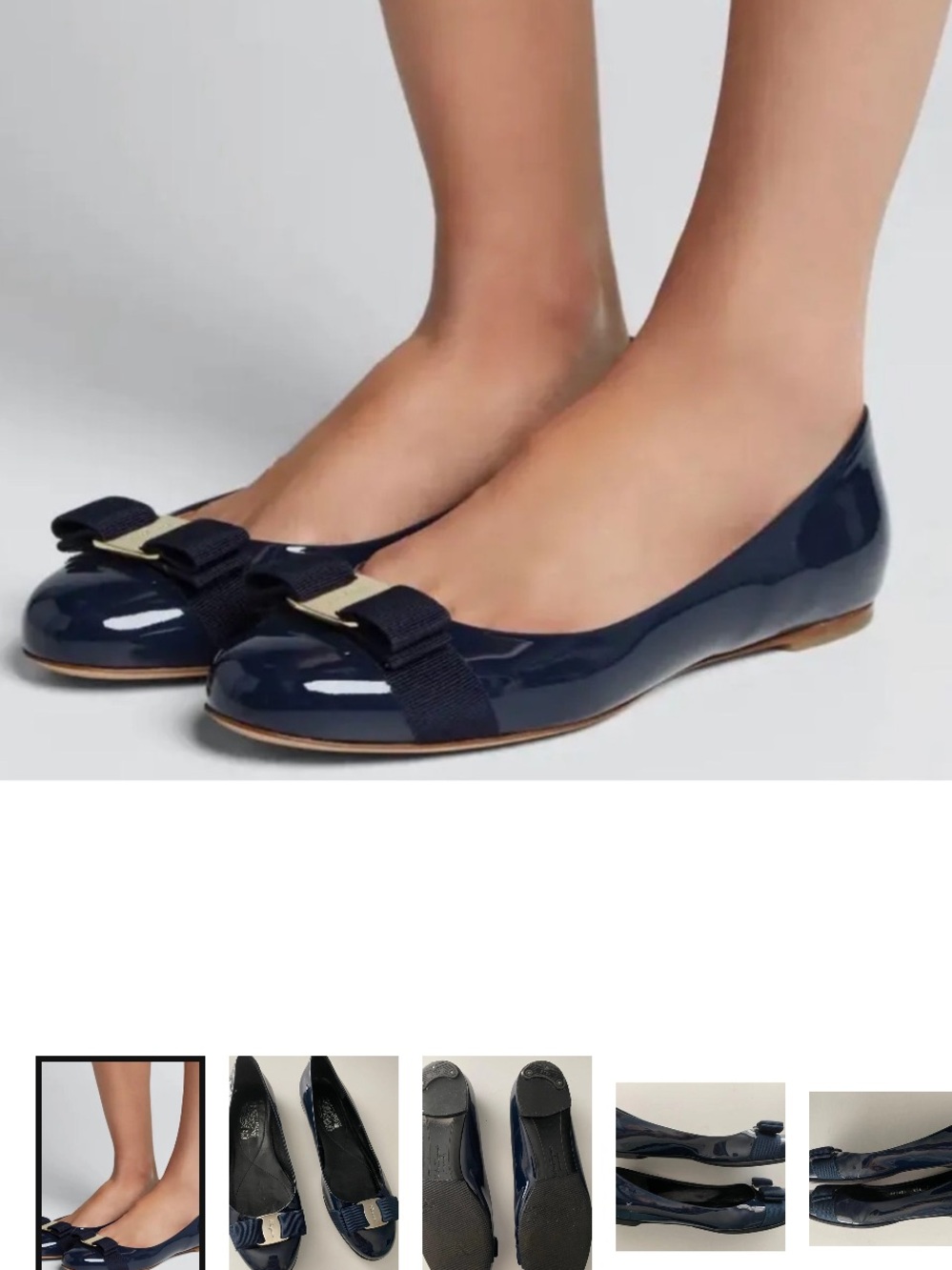 Ferragamo Varina Navy Patent Bow Ballet Flats